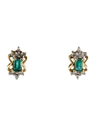 Pre-owned Earrings 10k Diamond & Emerald Stud  In Multi