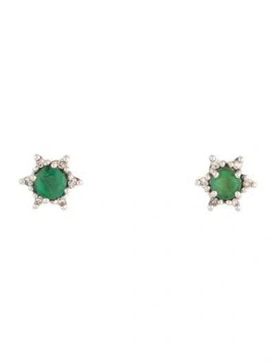 Pre-owned Earrings 10k Emerald & Diamond Stud  In Multi