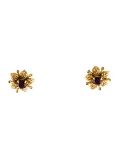 Pre-owned Earrings 10k Garnet Flower Stud  In Multi
