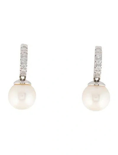 Pre-owned Earrings 10k Pearl & Diamond Drop  In Multi
