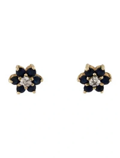 Pre-owned Earrings 10k Sapphire & Diamond Floral Motif Stud  In Multi