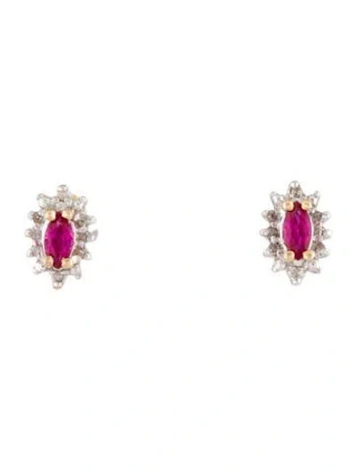 Pre-owned Earrings 10k Synthetic Ruby & Diamond Stud  In Multi