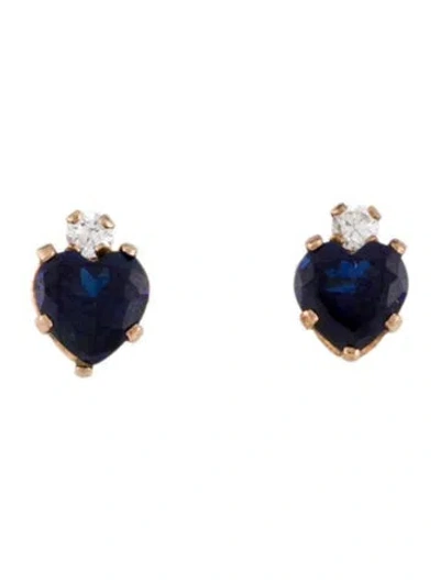 Pre-owned Earrings 10k Synthetic Sapphire & Cubic Zirconia Heart Stud  In Multi