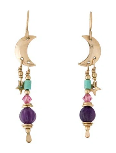 Pre-owned Earrings 10k Turquoise, Amethyst & Glass Drop  In Multi