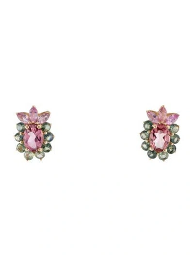 Pre-owned Earrings 141.22ct Tourmaline & 1.47ct Sapphire Floral Stud  In Multi