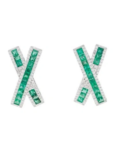 Pre-owned Earrings 14k 1.18ctw Emerald & Diamond Stud  In Multi