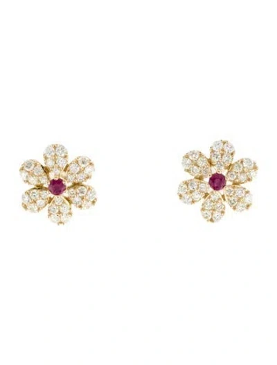 Pre-owned Earrings 14k 1.20ctw Diamond & Ruby Flower Stud  In Multi