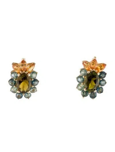 Pre-owned Earrings 14k 1.32ct Tourmaline & 1.83ct Sapphire Floral Stud  In Multi