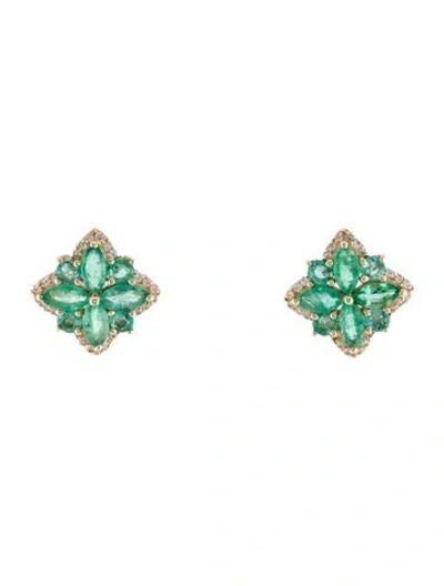 Pre-owned Earrings 14k 1.34ctw Emerald & Sapphire Cluster Stud  In Multi