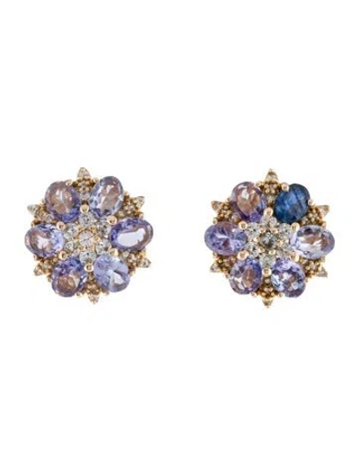 Pre-owned Earrings 14k 1.42ctw Tanzanite & Sapphire Flower Stud  In Multi