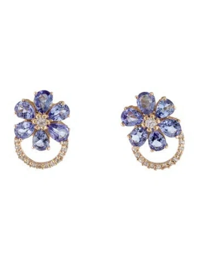 Pre-owned Earrings 14k 1.44ctw Tanzanite & Sapphire Flower Stud  In Multi