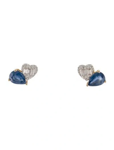Pre-owned Earrings 14k 1.50ctw Sapphire & Diamond Heart Stud  In Multi