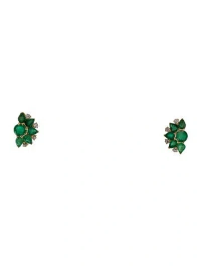 Pre-owned Earrings 14k 1.64ct Emerald & Sapphire Half Flower Stud  In Multi
