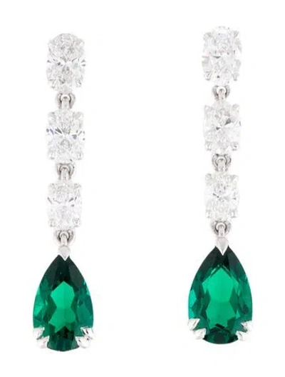 Pre-owned Earrings 14k 1.64ct Synthetic Emerald & 1.08ctw Lab-grown Diamond Drop  In Multi