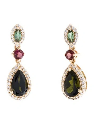 Pre-owned Earrings 14k 1.68ctw Tourmaline & Colorless Sapphire Drop  In Multi
