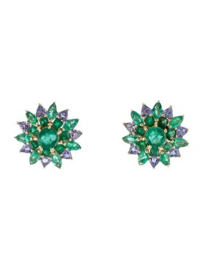 Pre-owned Earrings 14k 1.72ctw Emerald & Tanzanite Cluster Stud  In Multi