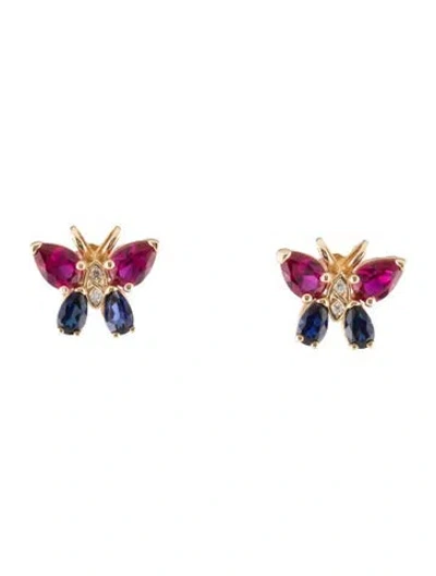 Pre-owned Earrings 14k 1.72ctw Synthetic Ruby, Synthetic Sapphire & Diamond Butterfly Drop  In Multi