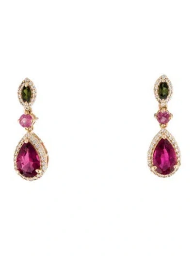 Pre-owned Earrings 14k 1.84ctw Tourmaline & Colorless Sapphire Drop  In Multi
