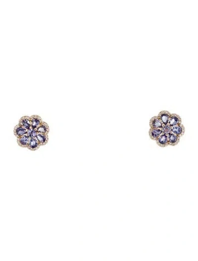 Pre-owned Earrings 14k 2.06ctw Tanzanite & Sapphire Flower Stud  In Multi