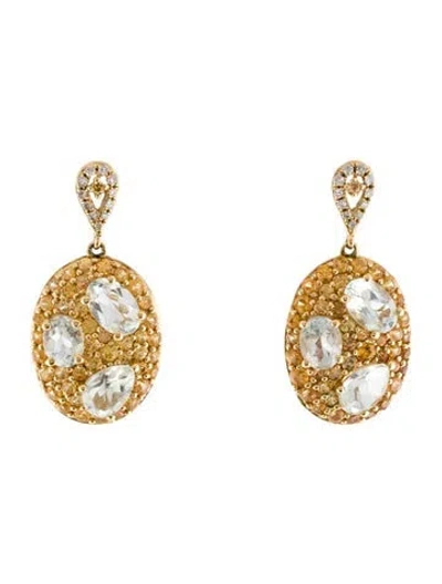 Pre-owned Earrings 14k 2.10ctw Prasiolite, Sapphire & Diamond Drop  In Multi