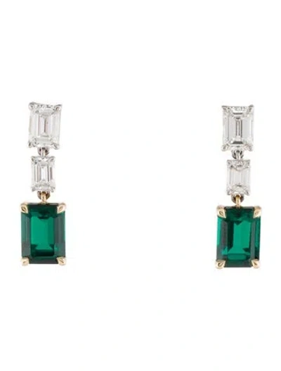 Pre-owned Earrings 14k 2.10ctw Synthetic Emerald & Lab-grown Diamond Drop  In Multi