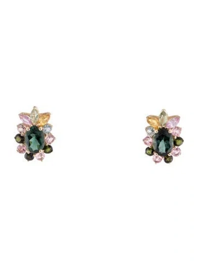Pre-owned Earrings 14k 2.31ct Tourmaline & Sapphire Floral Stud  In Multi