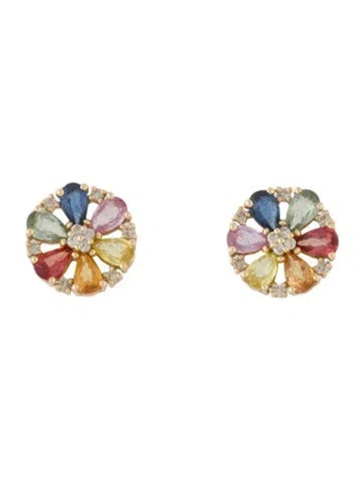 Pre-owned Earrings 14k 2.80ctw Sapphire & Diamond Flower Motif Stud  In Multi