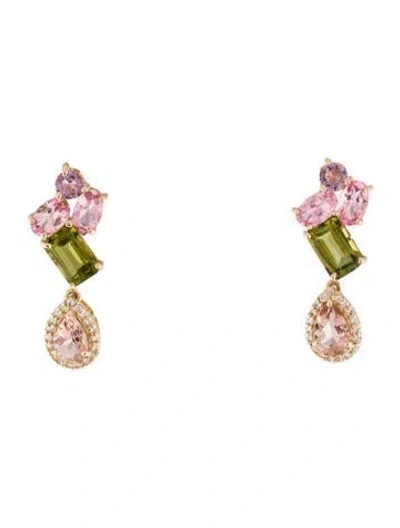 Pre-owned Earrings 14k 2.84 Tourmaline & Colorless Sapphire Drop  In Multi