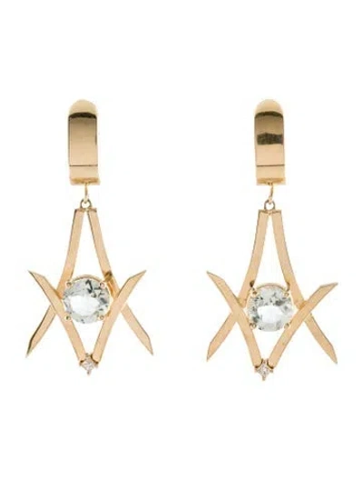 Pre-owned Earrings 14k 2.93ctw Prasiolite & Diamond Drop  In Multi