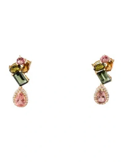 Pre-owned Earrings 14k 3.41ctw Tourmaline & Sapphire Drop  In Multi