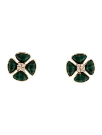 Pre-owned Earrings 14k 3.79ctw Malachite & Diamond Flower Stud  In Multi