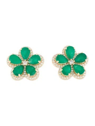 Pre-owned Earrings 14k 4.22ctw Emerald & Diamond Flower Stud  In Multi