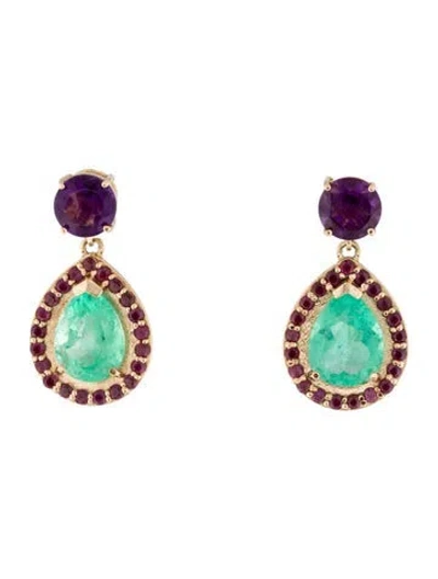 Pre-owned Earrings 14k 4.91ctw Emerald, Ruby & Amethyst Drop  In Multi