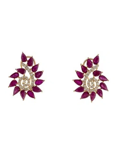Pre-owned Earrings 14k 5.07ctw Ruby & Diamond Earclip  In Multi