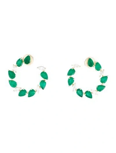 Pre-owned Earrings 14k 5.36ctw Emerald & Diamond East-west 3/4 Hoop  In Multi