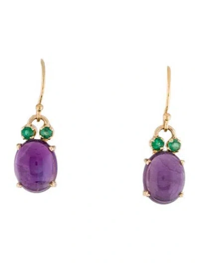 Pre-owned Earrings 14k 6.08ctw Amethyst & Emerald Drop  In Multi