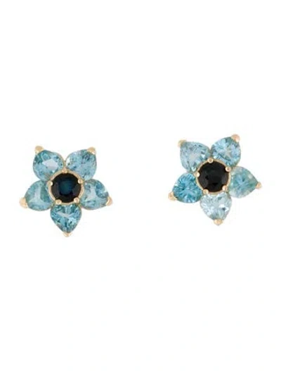 Pre-owned Earrings 14k 6.30ctw Topaz & 1.12ctw Sapphire Flower Motif Stud  In Multi