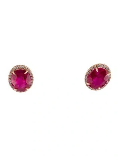 Pre-owned Earrings 14k 6.96ct Synthetic Ruby & Diamond Stud  In Multi