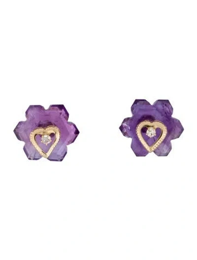 Pre-owned Earrings 14k Amethyst & Diamond Heart Stud  In Multi