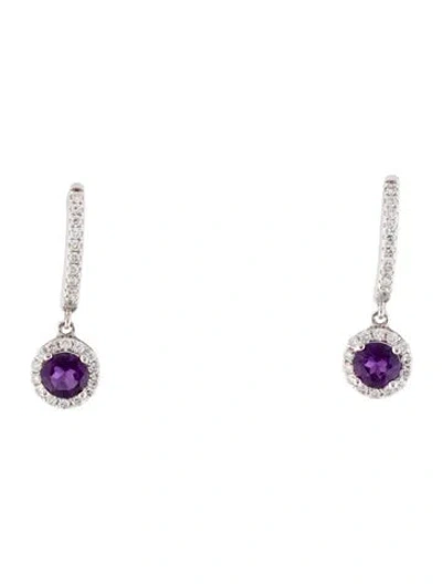 Pre-owned Earrings 14k Amethyst & Diamond Hoop  In Multi