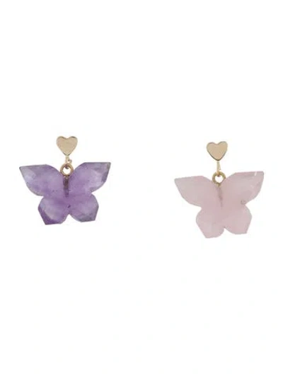 Pre-owned Earrings 14k Amethyst & Rose Quartz Butterfly Drop  In Multi