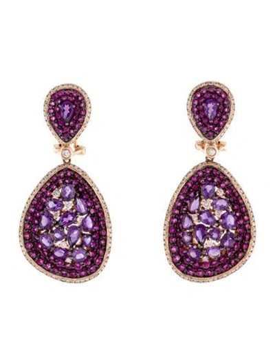 Pre-owned Earrings 14k Amethyst, Ruby, & Diamond Cluster Drop Earclips In Multi