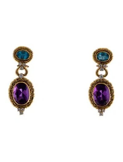Pre-owned Earrings 14k Amethyst, Topaz & Diamond Drop  In Multi