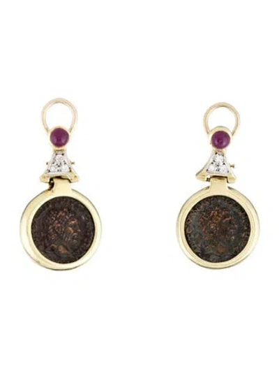 Pre-owned Earrings 14k Ancient Coin, Ruby & Diamond Drop Earclips In Multi