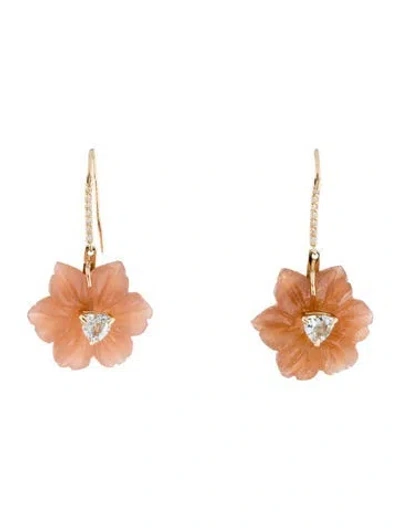 Pre-owned Earrings 14k Aquamarine, Sunstone & Diamond Flower Drop  In Multi