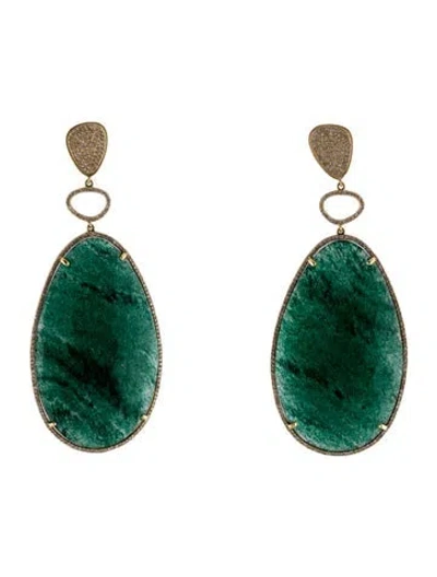 Pre-owned Earrings 14k Aventurine Quartz & Diamond Drop  In Multi