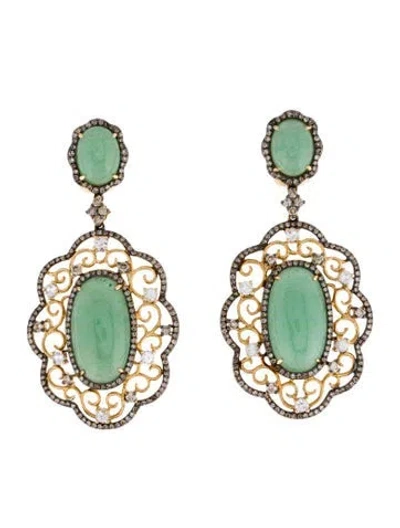 Pre-owned Earrings 14k Aventurine Quartz, Colorless Sapphire, & Diamond Drop  In Multi