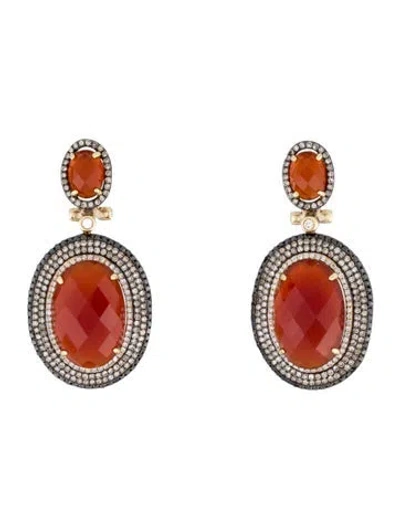 Pre-owned Earrings 14k Carnelian & Diamond Drop  In Multi