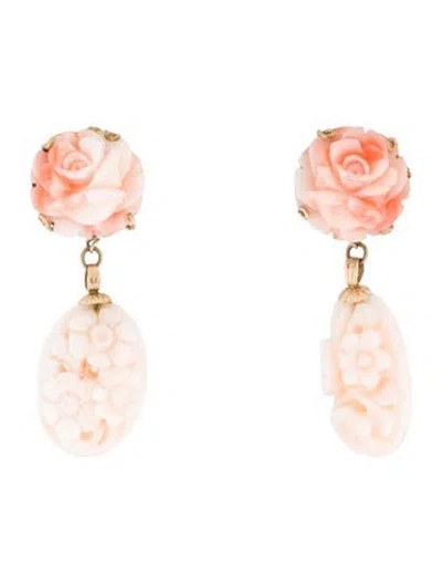 Pre-owned Earrings 14k Carved Coral Flower Drop  In Multi