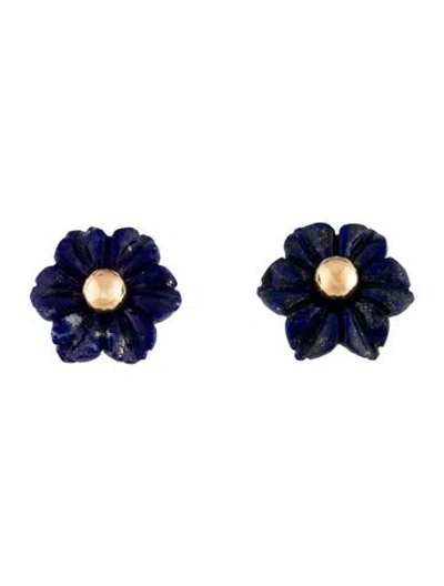 Pre-owned Earrings 14k Carved Lapis Lazuli Flower Stud  In Multi